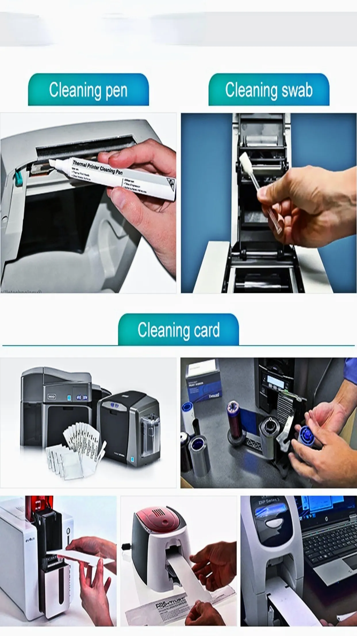 ID Card Printer Cleaning Kits · CR80 Cleaning Card · Cleaning Swab · Cleaning Pen · T-XL Long Cleaning Card · Cleaning Wipes.