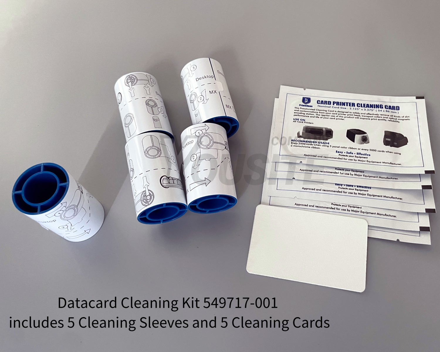 Entrust Datacard 549717-001 cleaning kits include 5 cleaning sleeves, and 5 cleaning cards to clean the card rollers. 